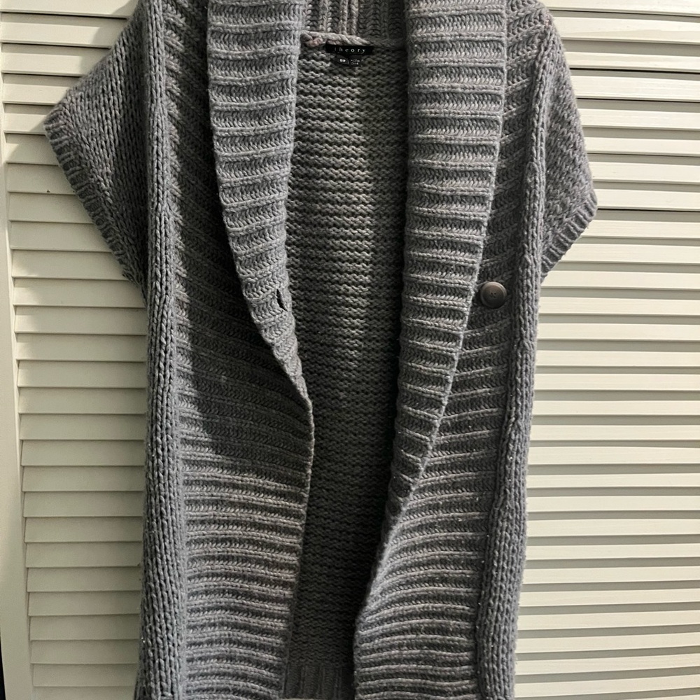 THEORY Light Grey Sleeveless Chunky Knit Cardigan Sweater SIZE SMALL